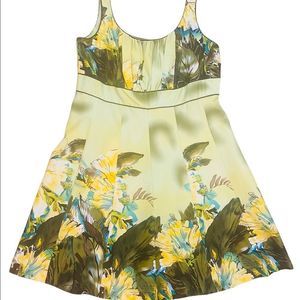 R & M Richards Light Green Floral Midi Dress with Yellow and Olive Accents